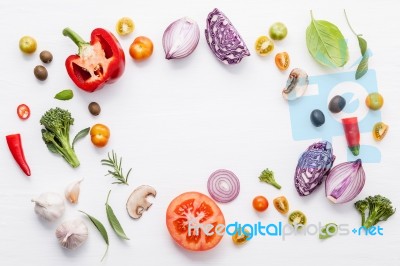 Various Fresh Vegetables And Herbs On White Background.ingredien… Stock Photo