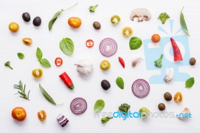 Various Fresh Vegetables And Herbs On White Background.ingredien… Stock Photo