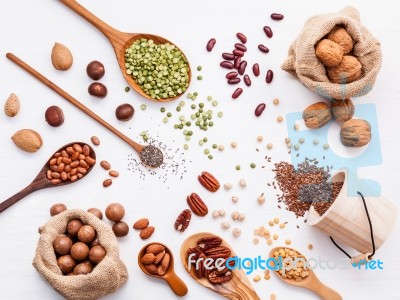 Various Legumes And Different Kinds Of Nuts Walnuts Kernels ,haz… Stock Photo