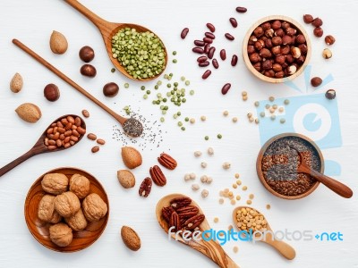 Various Legumes And Different Kinds Of Nuts Walnuts Kernels ,haz… Stock Photo