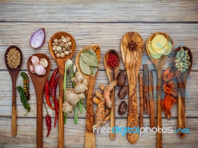 Various Of Spices And Herbs In Wooden Spoons. Flat Lay Of Spices… Stock Photo