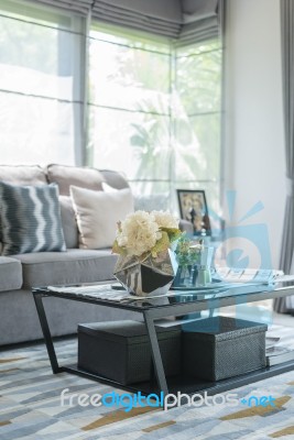 Vase Of Plant On Glass Table In Living Room Stock Photo