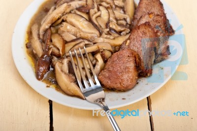 Venison Deer Game Filet And Wild Mushrooms Stock Photo