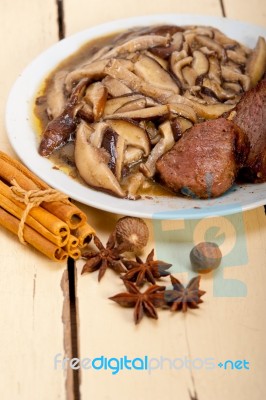 Venison Deer Game Filet And Wild Mushrooms Stock Photo