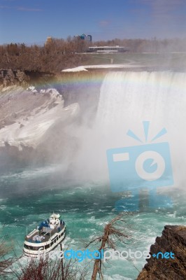 Very Beautiful Background Of The Niagara Falls, Rainbow And A Ship Stock Photo