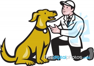 Veterinarian Vet Kneeling With Pet Dog Cartoon Stock Image