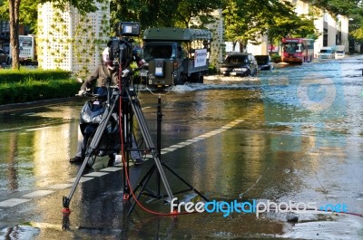 Video Camera Of A Tv Channel Standing By For Broadcasting Stock Photo