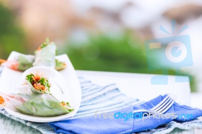 Vietnamese Spring Rolls With Vegetables And Coriander On A Plate… Stock Photo