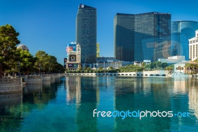 View Across Bellagio Lake To Various Hotels And Casinos Stock Photo