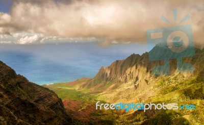 View At The Coast Line From Kalalau Valley Lookout In  Kauai Isl… Stock Photo