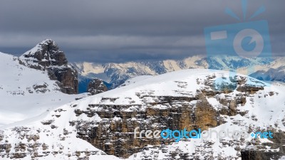 View From Sass Pordoi In The Upper Part Of Val Di Fassa Stock Photo