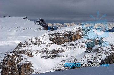 View From Sass Pordoi In The Upper Part Of Val Di Fassa Stock Photo