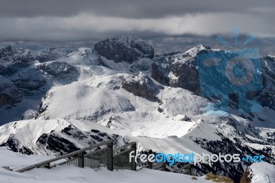 View From Sass Pordoi In The Upper Part Of Val Di Fassa Stock Photo