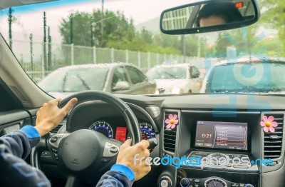 View From The Car Glass On The Rainy Day Stock Photo