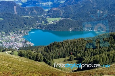 View From Zwölferhorn Mountain Down To St Gilgen Stock Photo