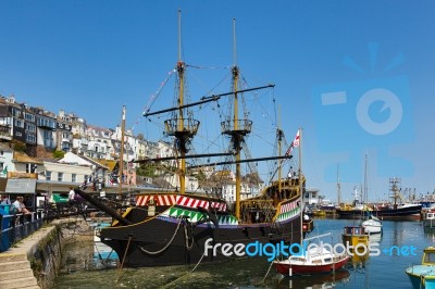 View Of Brixham Harbour And The Golden Hind Stock Photo