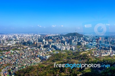 View Of Cityscape And Seoul Tower In Seoul, South Korea Stock Photo