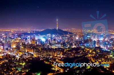 View Of Downtown Cityscape And Seoul Tower In Seoul, South Korea… Stock Photo