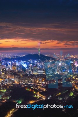 View Of Downtown Cityscape And Seoul Tower In Seoul, South Korea… Stock Photo