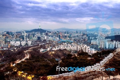 View Of Downtown Cityscape And Seoul Tower In Seoul, South Korea… Stock Photo