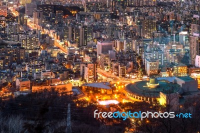 View Of Downtown Cityscape And Seoul Tower In Seoul, South Korea… Stock Photo