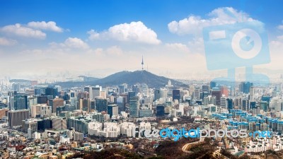 View Of Downtown Cityscape And Seoul Tower In Seoul, South Korea… Stock Photo