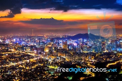 View Of Downtown Cityscape And Seoul Tower In Seoul, South Korea… Stock Photo