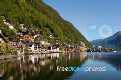 View Of Hallstatt From Hallstatt Lake Stock Photo