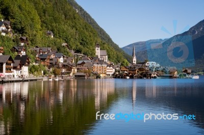 View Of Hallstatt From Hallstatt Lake Stock Photo