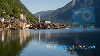 View Of Hallstatt From Hallstatt Lake Stock Photo