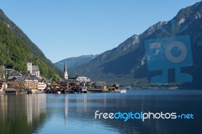 View Of Hallstatt From Hallstatt Lake Stock Photo