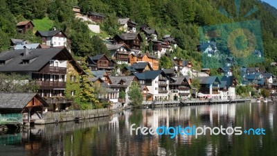View Of Hallstatt From Hallstatt Lake Stock Photo