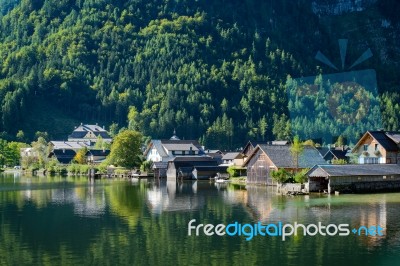 View Of Hallstatt From Hallstatt Lake Stock Photo