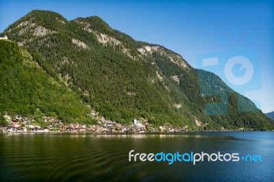 View Of Hallstatt From Hallstatt Lake Stock Photo