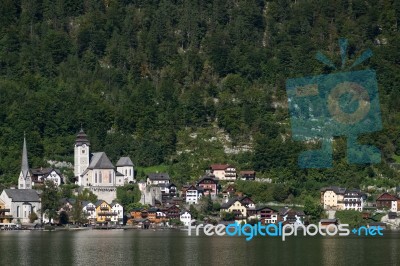 View Of Hallstatt From Hallstatt Lake Stock Photo
