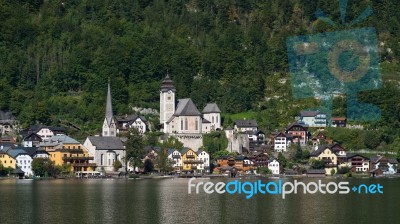 View Of Hallstatt From Hallstatt Lake Stock Photo