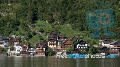 View Of Hallstatt From Hallstatt Lake Stock Photo