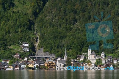 View Of Hallstatt From Hallstatt Lake Stock Photo