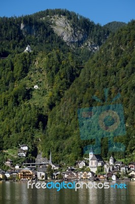 View Of Hallstatt From Hallstatt Lake Stock Photo
