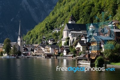 View Of Hallstatt From Hallstatt Lake Stock Photo