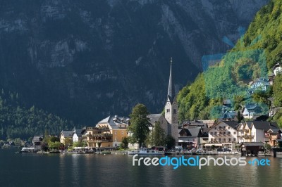 View Of Hallstatt From Hallstatt Lake Stock Photo