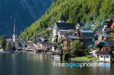 View Of Hallstatt From Hallstatt Lake Stock Photo
