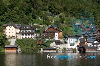 View Of Hallstatt From Hallstatt Lake Stock Photo