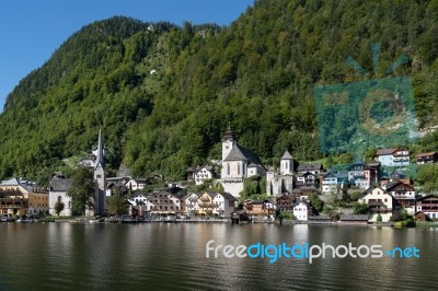 View Of Hallstatt From Hallstatt Lake Stock Photo