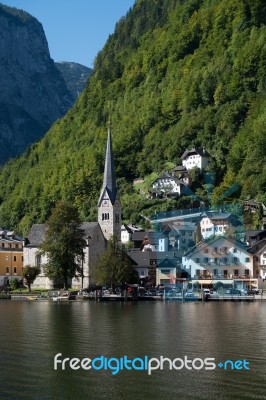 View Of Hallstatt From Hallstatt Lake Stock Photo
