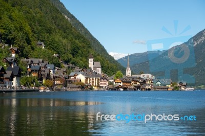 View Of Hallstatt From Hallstatt Lake Stock Photo