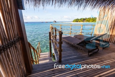 View Of Moofushi Atoll And Its Harbor From One Of The Watevillas… Stock Photo
