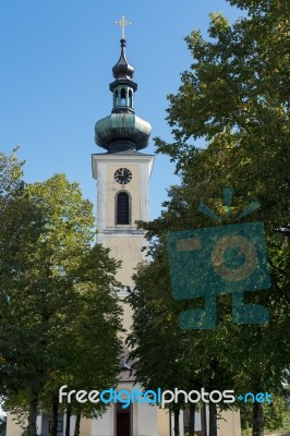 View Of The Catholic Church In Attersee Stock Photo