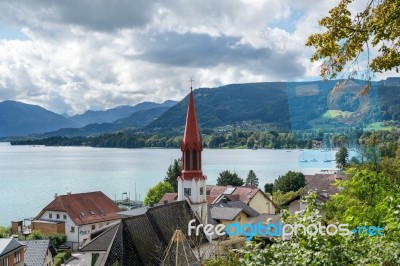 View Of The Evangelical Parish Church In Attersee Stock Photo