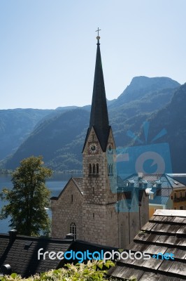 View Of The Evangelical Parish Church In Hallstatt Stock Photo